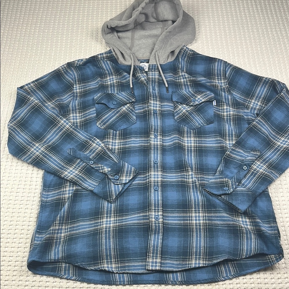 Hurley Men’s Size Large Blue Plaid Button-Up Hoodie/Shirt Pre Owned